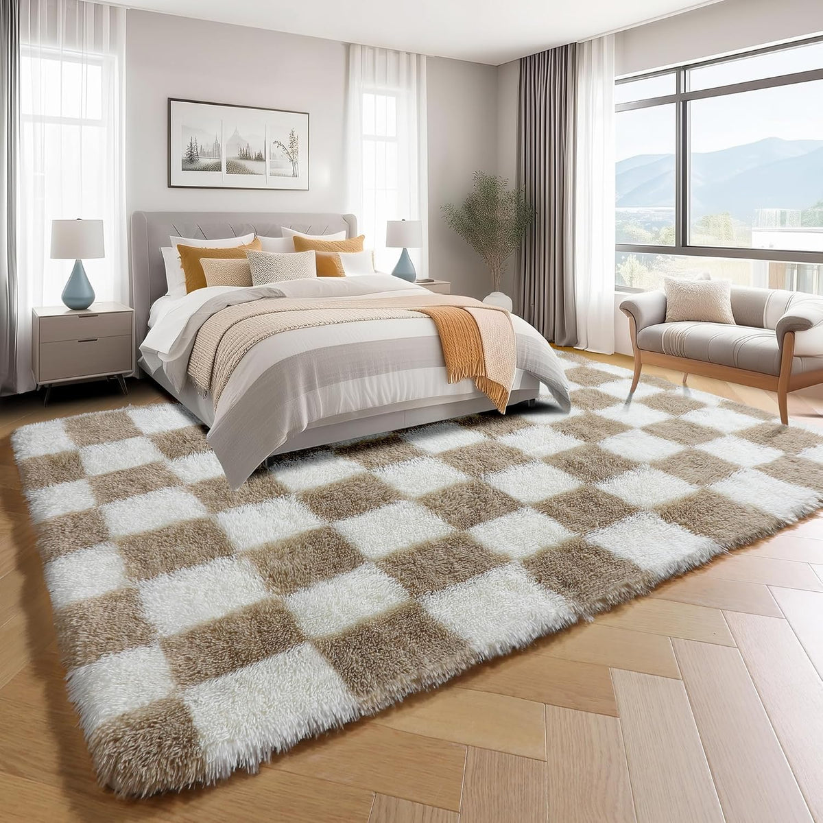 KICMOR Area Rugs 8x10 for Living Room, Large Fluffy Beige and Cream White Checkered Rug Big Fuzzy Shag Shaggy Carpets for Bedroom, Soft Plush Furry Rug for Boy Girls Room Dorm Home Decor Aesthetic