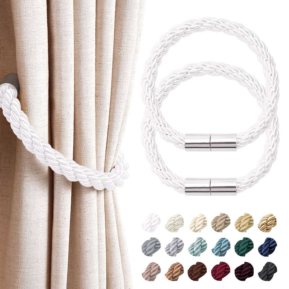 NICEEC 2 Pack Strong Magnetic Curtain Tiebacks Modern Simple Style Drape Tie Backs Convenient Decorative Weave Rope Curtain Holdbacks for Thin or Thick Home & Office Window Draperies (Beige)