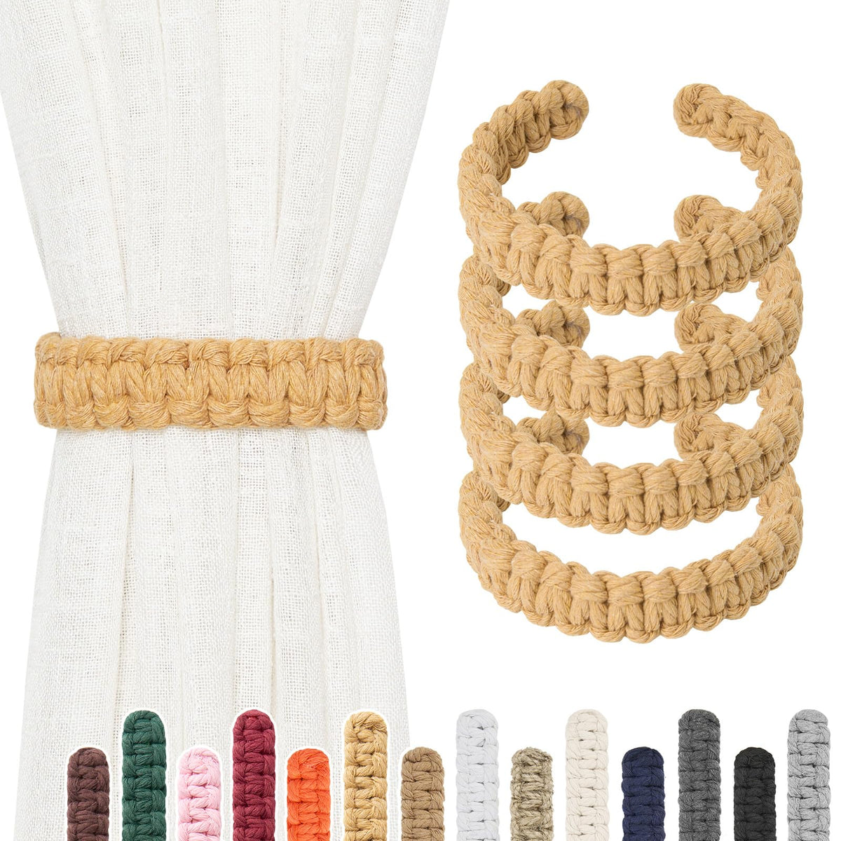 NICEEC 2 Pack Natural Cotton Rope Curtain Tiebacks Farmhouse Rustic Style Decorative Drape Tie Backs Handmade Braided Curtain Holdbacks for Home & Office Sheer/Light Weight Drapery (C-White-S)