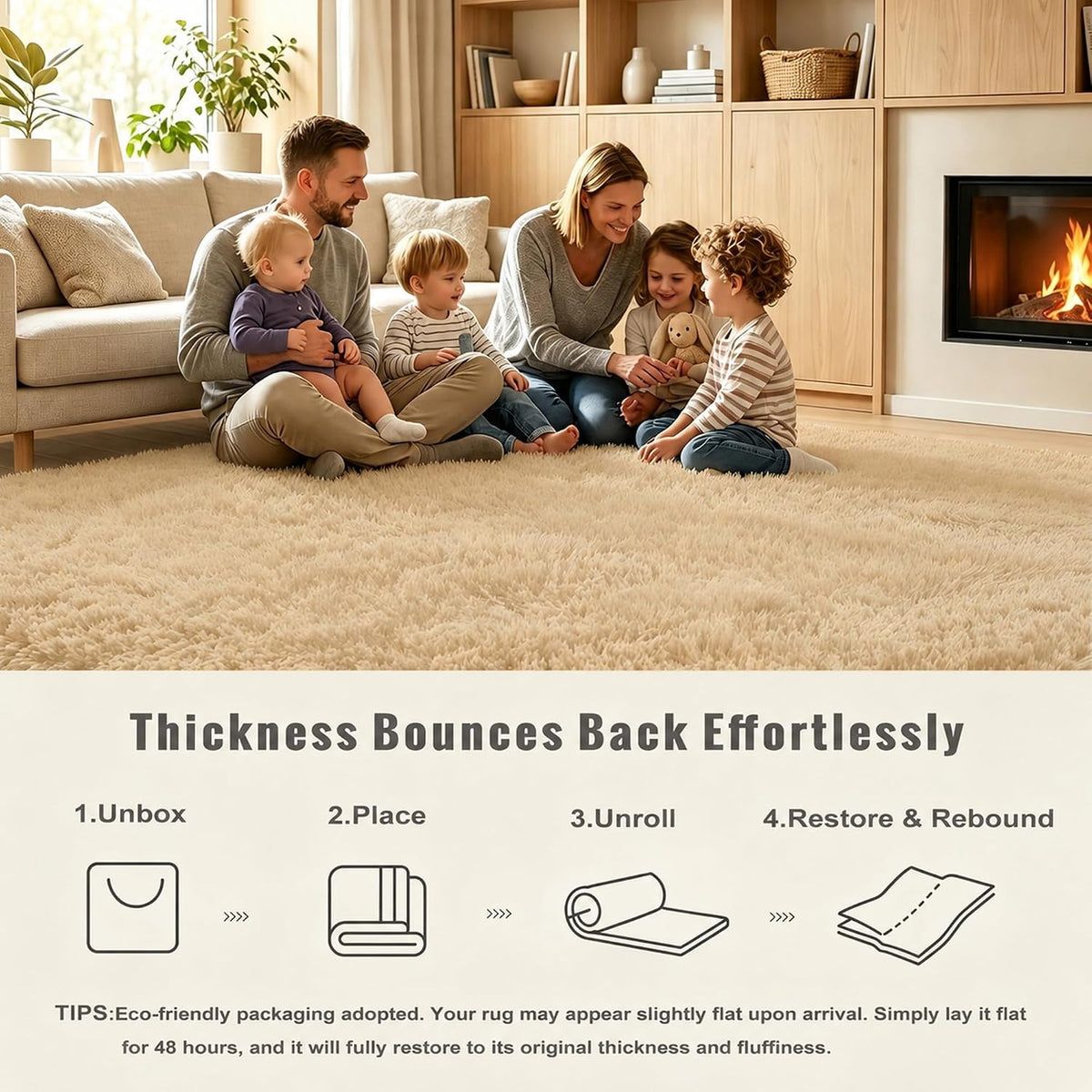 8x10 Area Rugs for Living Room, Large Fluffy Soft Shag Rug, Non-Slip Thick Fuzzy Plush Rug, Non-Shedding High Pile Furry Floor Indoor Carpet for Kids Room Nursery Dorm Home Decor(Beige)