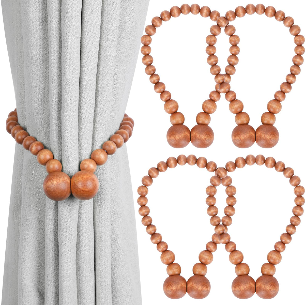 KLOGTSIND Magnetic Curtain Tiebacks, 2 Pack Wood Bead Curtain Holdbacks