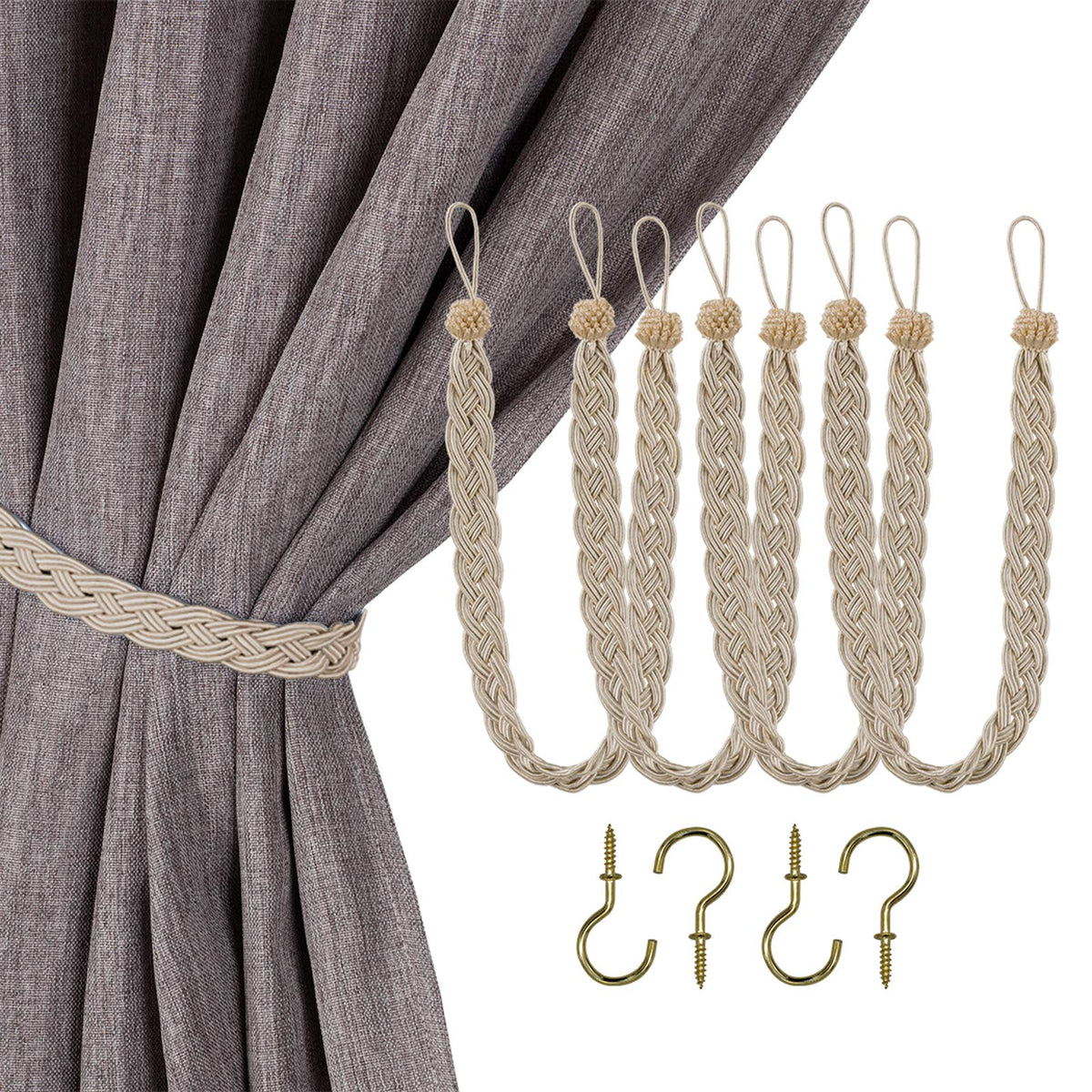 Home Queen Handwoven Rope Curtain Tiebacks for Drapes, 2 Pack Rope Holdbacks with Hooks, 23 Inch Long Polyester and Cotton Braided Tie Backs for Thick and Sheer Curtains,Navy and Silver