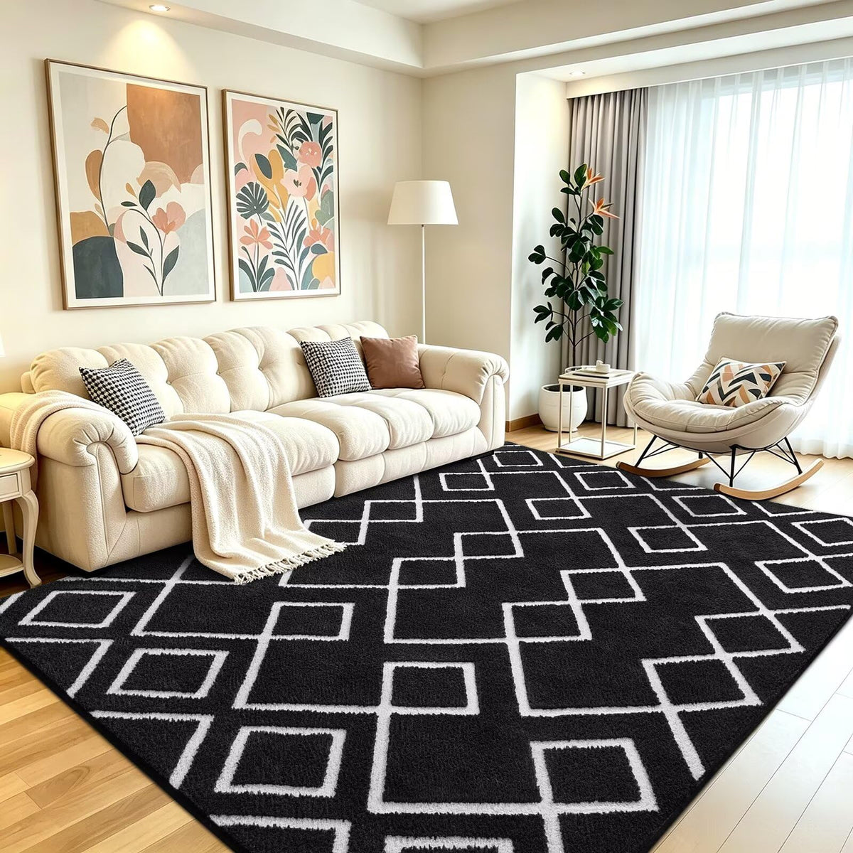 5x7 Black Fluffy Shag Area Rug for Living Room Bedroom