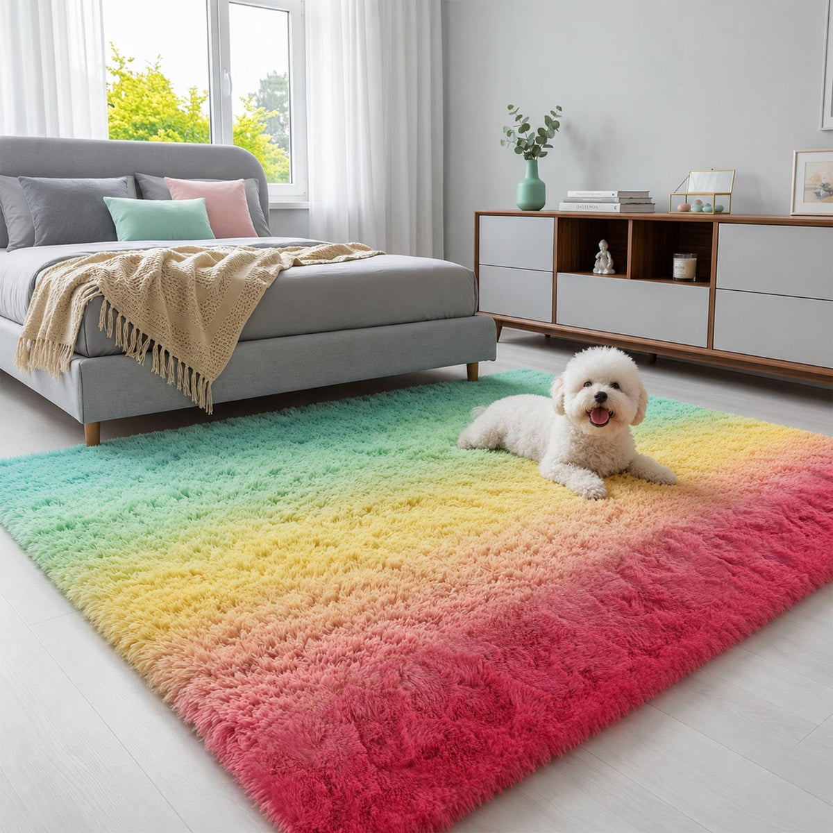 8x10 Ft Cream White Fluffy Area Rug for Living Room, Washable