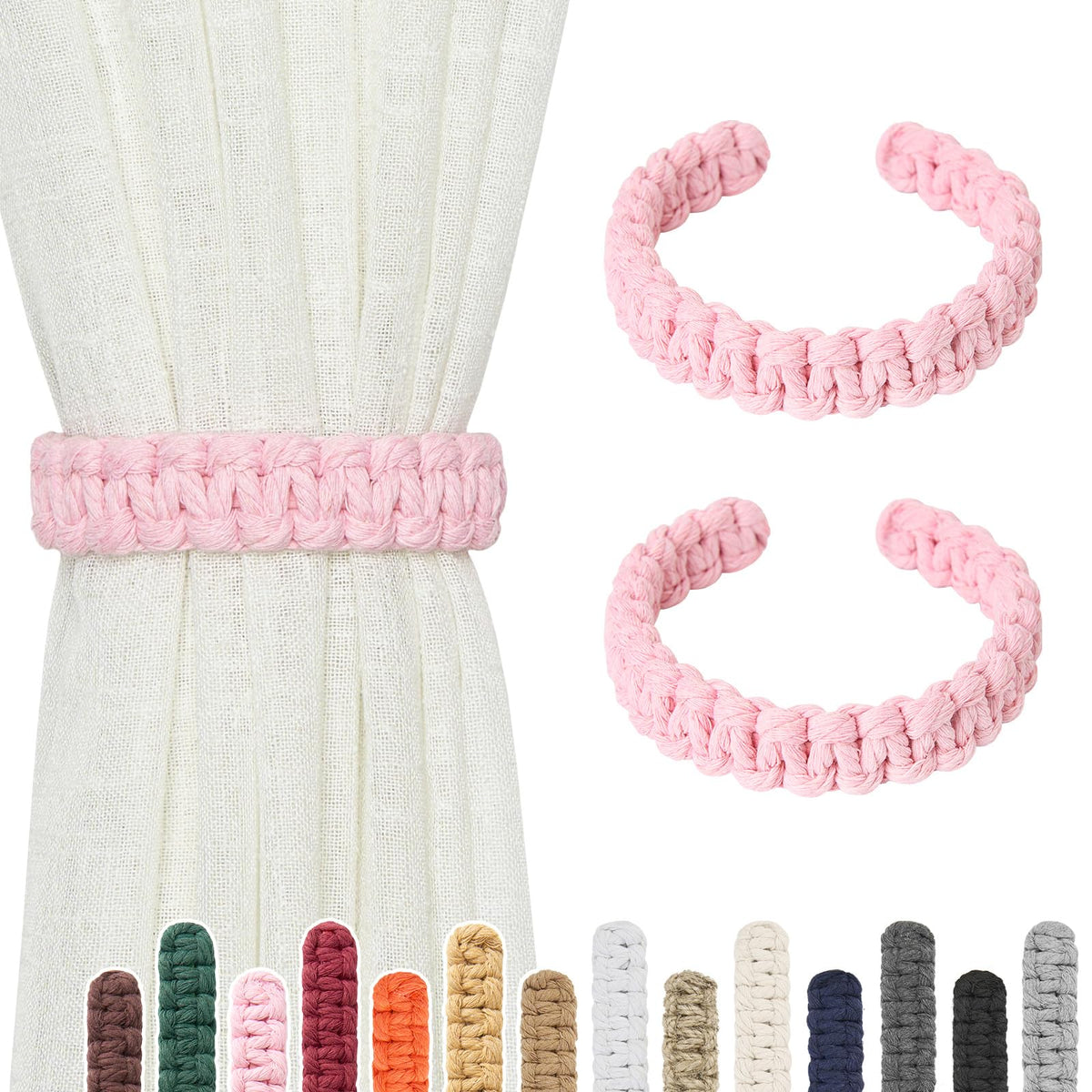 NICEEC 2 Pack Natural Cotton Rope Curtain Tiebacks Farmhouse Rustic Style Decorative Drape Tie Backs Handmade Braided Curtain Holdbacks for Home & Office Sheer/Light Weight Drapery (C-White-S)