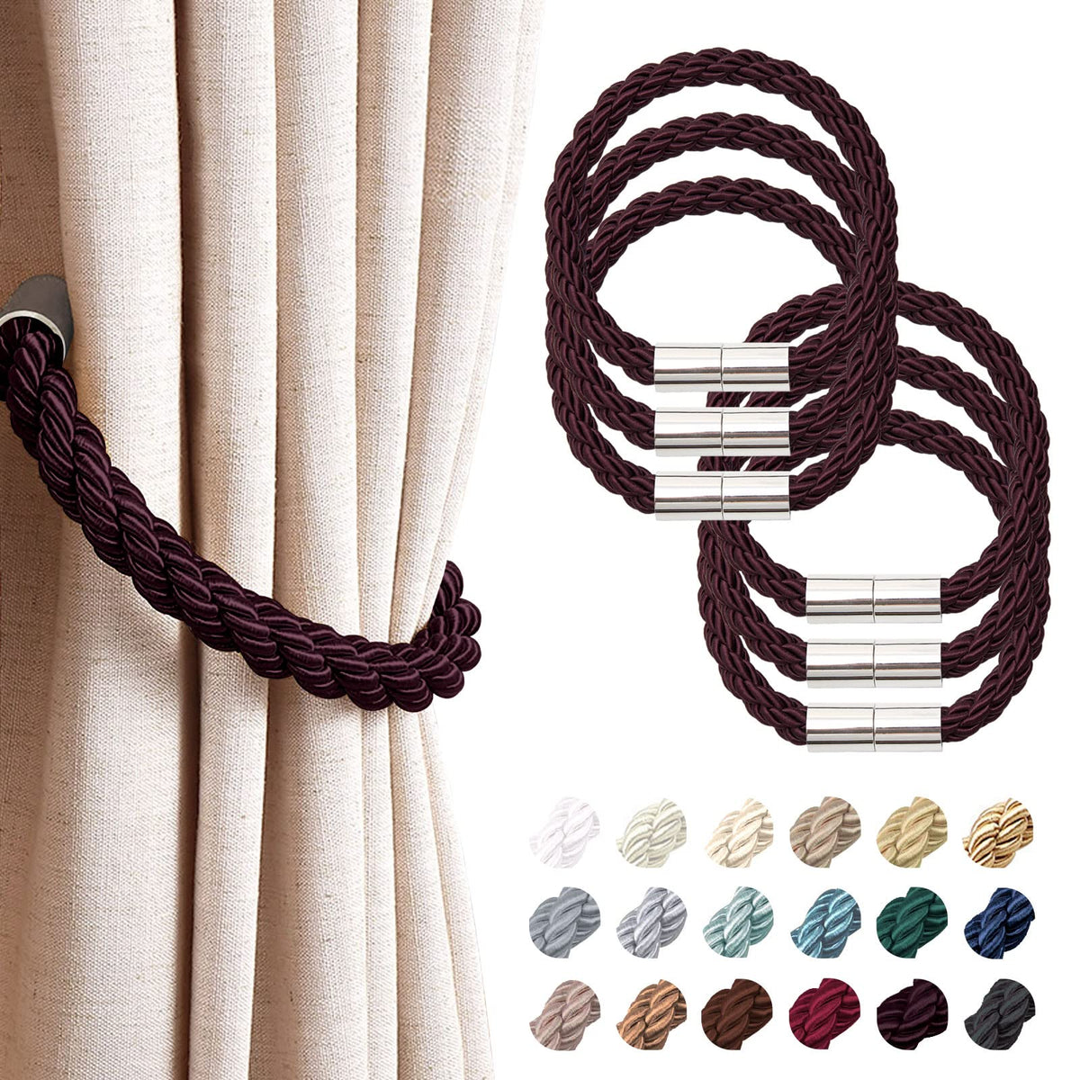 NICEEC 2 Pack Strong Magnetic Curtain Tiebacks Modern Simple Style Drape Tie Backs Convenient Decorative Weave Rope Curtain Holdbacks for Thin or Thick Home & Office Window Draperies (Beige)