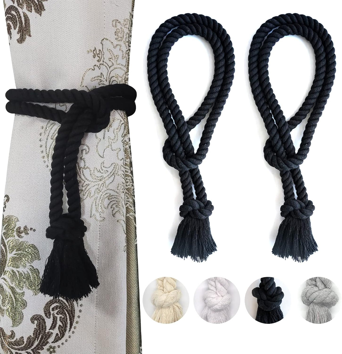 2 Pack Curtain tiebacks Rope, Outdoor Curtain Tiebacks, Natural Cotton Curtain Ties, Village Rural Rustic Farmhouse Curtain Holdbacks Curtain tie Backs Holders for Heavy Duty Drapes, Black