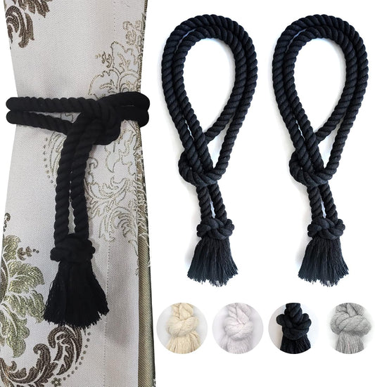 2 Pack Curtain tiebacks Rope, Outdoor Curtain Tiebacks, Natural Cotton Curtain Ties, Village Rural Rustic Farmhouse Curtain Holdbacks Curtain tie Backs Holders for Heavy Duty Drapes, Black