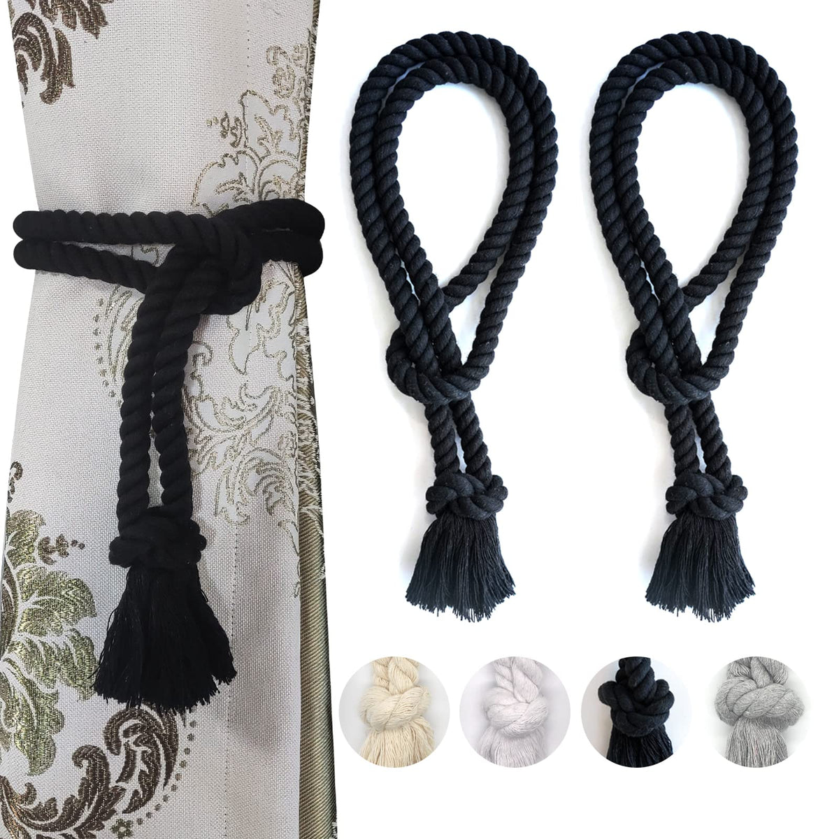 6 Pack Curtain Ties Rope, Outdoor Curtain Tiebacks for Patio Gazebo Pergola Cabana, Natural Cotton Curtain Holders, Village Rural Rustic Farmhouse Curtain Holdbacks for Drapery, Black