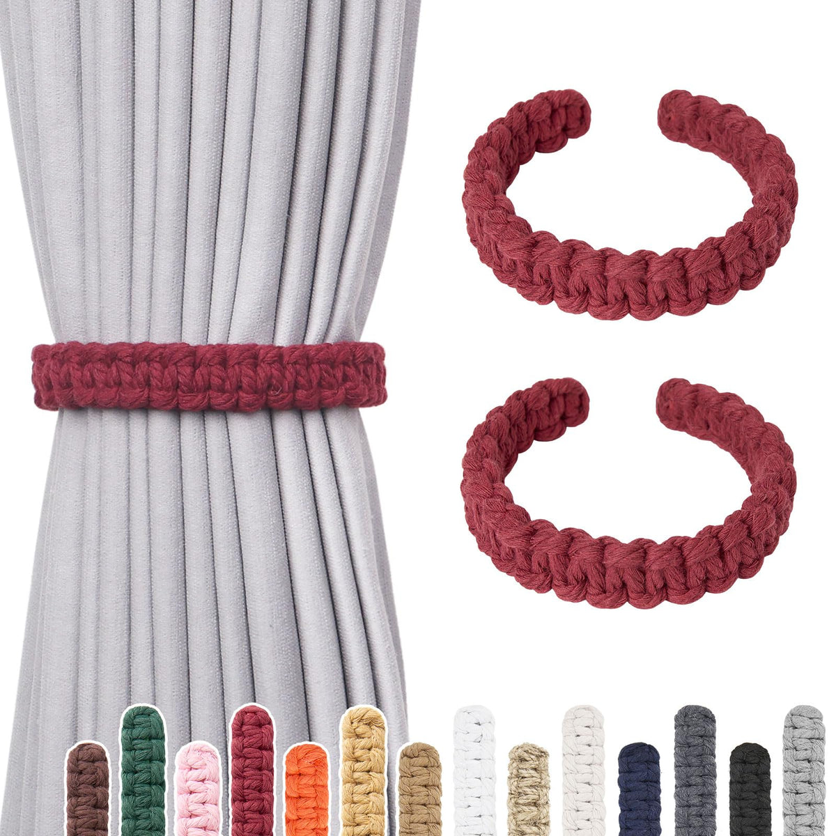 NICEEC 2 Pack Natural Cotton Rope Curtain Tiebacks Farmhouse Rustic Style Decorative Drape Tie Backs Handmade Braided Curtain Holdbacks for Home & Office Sheer/Light Weight Drapery (C-White-S)