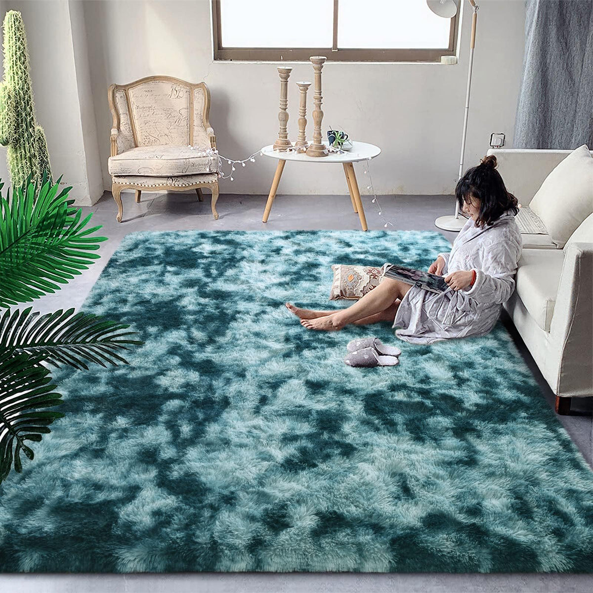 DweIke Fluffy Blue Shag Rugs for Bedroom Living Room, 4x6 Feet Soft Plush Tie-Dyed Light SkyBlue Girls Boys Kids Rug, Upgraded Non-Slip and Machine Washable Carpet for Dorm Nursery Classroom Decor
