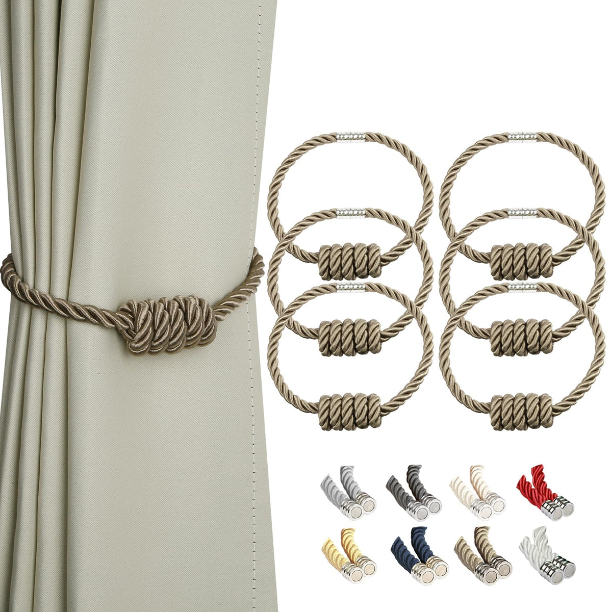 BEL AVENIR Magnetic Jute Curtain Tiebacks 2 Pack Hand-Woven Curtain Ties