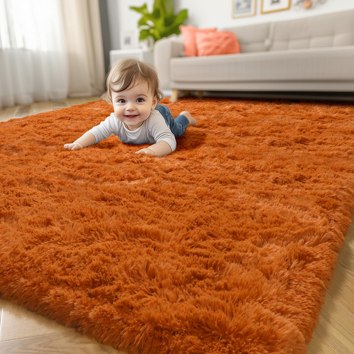 Amdrebio Burnt Orange Shag Plush Large Area Rug 6x9 for Living Room Bedroom
