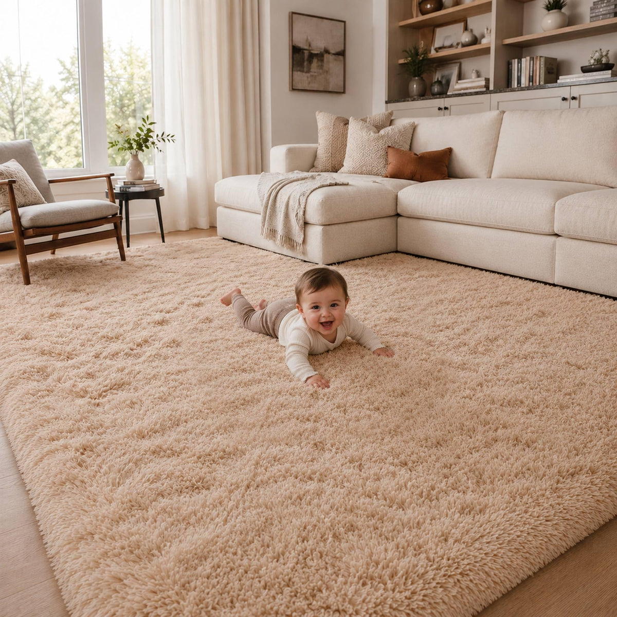 8x10 Ft Cream White Fluffy Area Rug for Living Room, Washable