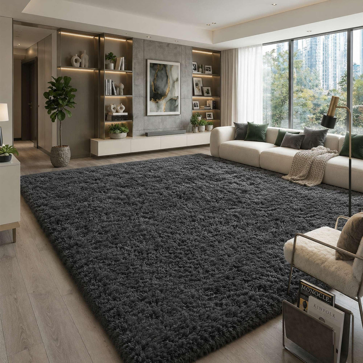 8x10 Ft Cream White Fluffy Area Rug for Living Room, Washable