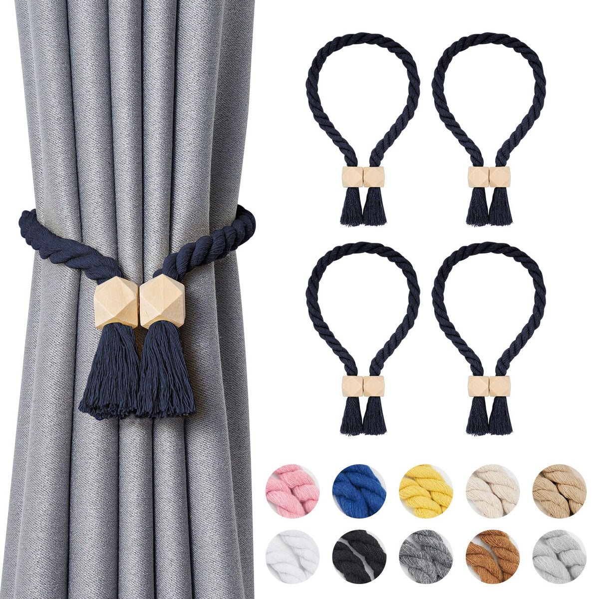 NICEEC 2 Pack Wooden Ball Magnetic Curtain Tiebacks Boho Home Decor Drape Tie Backs Natural Cotton Hand Woven Rope Curtain Holdbacks for Thin & Thick Home & Office Window Draperies (Beige)