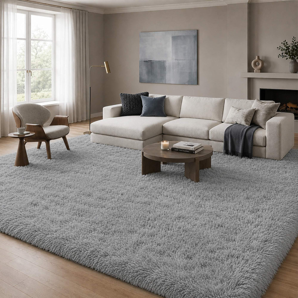 8x10 Ft Cream White Fluffy Area Rug for Living Room, Washable