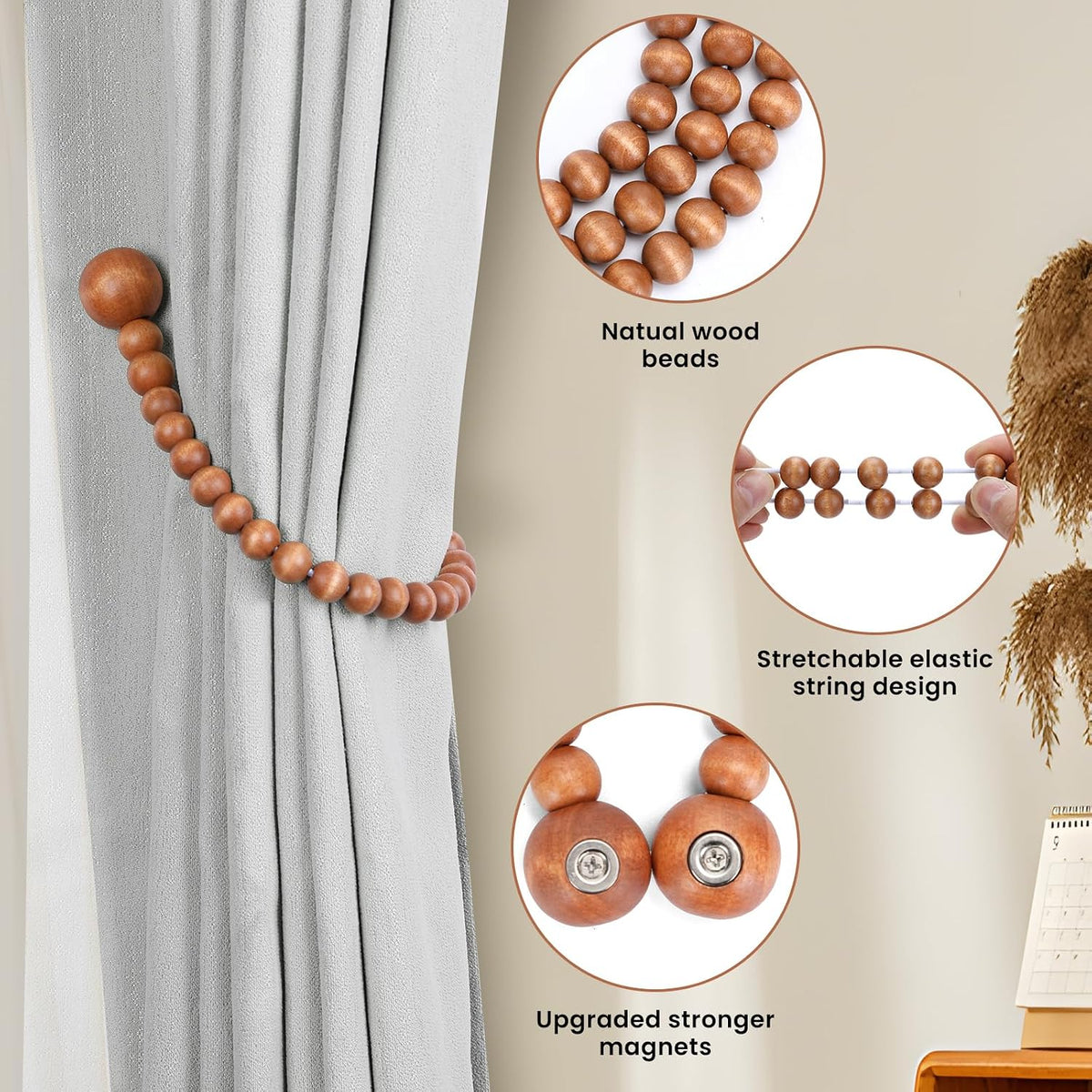KLOGTSIND Magnetic Curtain Tiebacks, 2 Pack Wood Bead Curtain Holdbacks