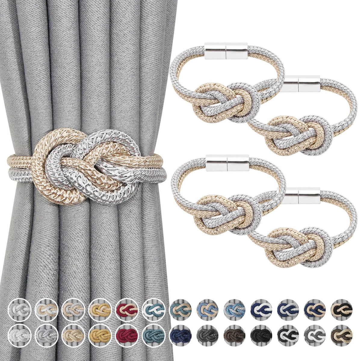 NICEEC 2 Pack Mini Magnetic Curtain Tiebacks Nordic Simple Style Drape Tie Backs Elegant Hand Weave Rope Knot Decorative Curtain Holdbacks for Home & Office Thin Window Drapery (Silver Grey)