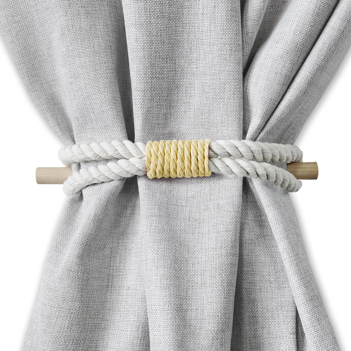 Curtain Holdbacks Boho Tiebacks for Drapes, Farmhouse Jute Rope Cotton Tie Backs with Rustic Wood Club, Curtain Accessories Holders for Indoor Outdoor Use, Set of 4