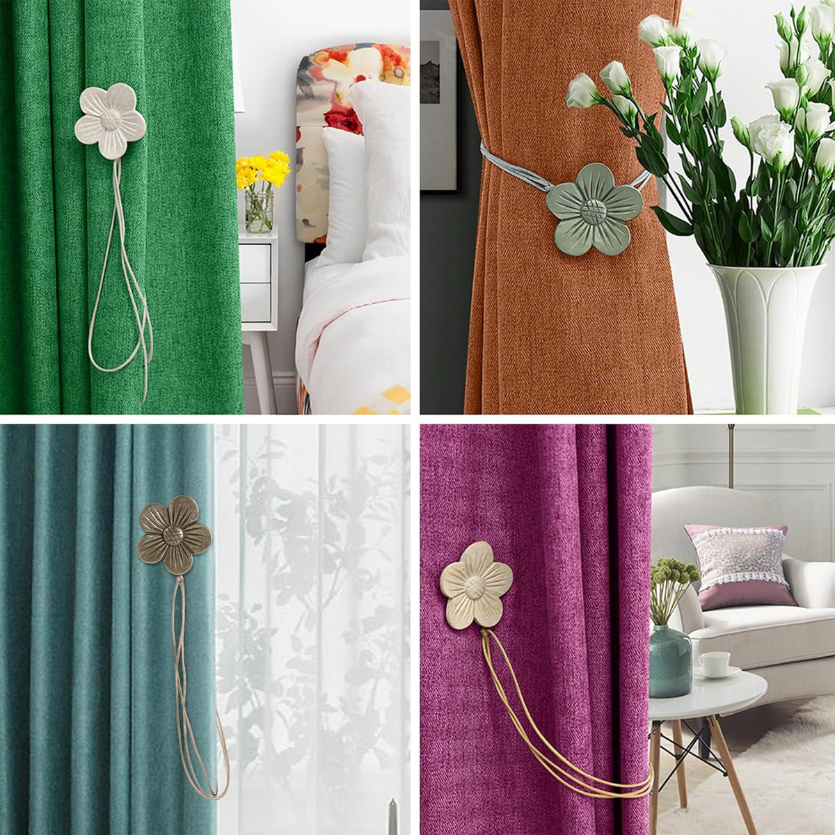 Lewondr Magnetic Curtain Tiebacks, Flower Vintage Curtain Holdbacks, Coffee