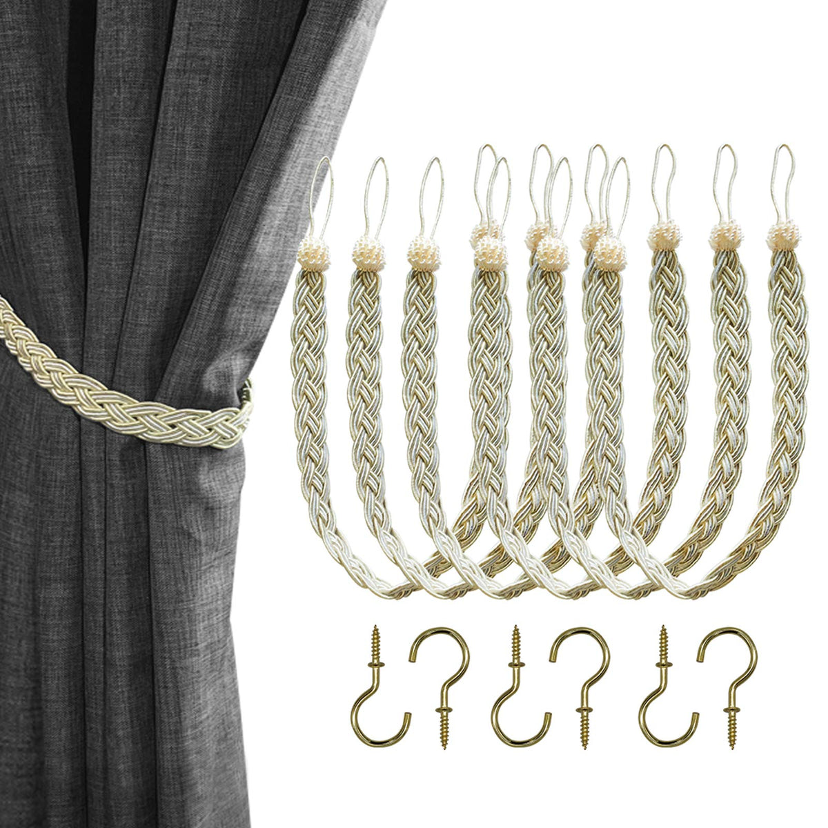 Home Queen Handwoven Rope Curtain Tiebacks for Drapes, 2 Pack Rope Holdbacks with Hooks, 23 Inch Long Polyester and Cotton Braided Tie Backs for Thick and Sheer Curtains,Navy and Silver