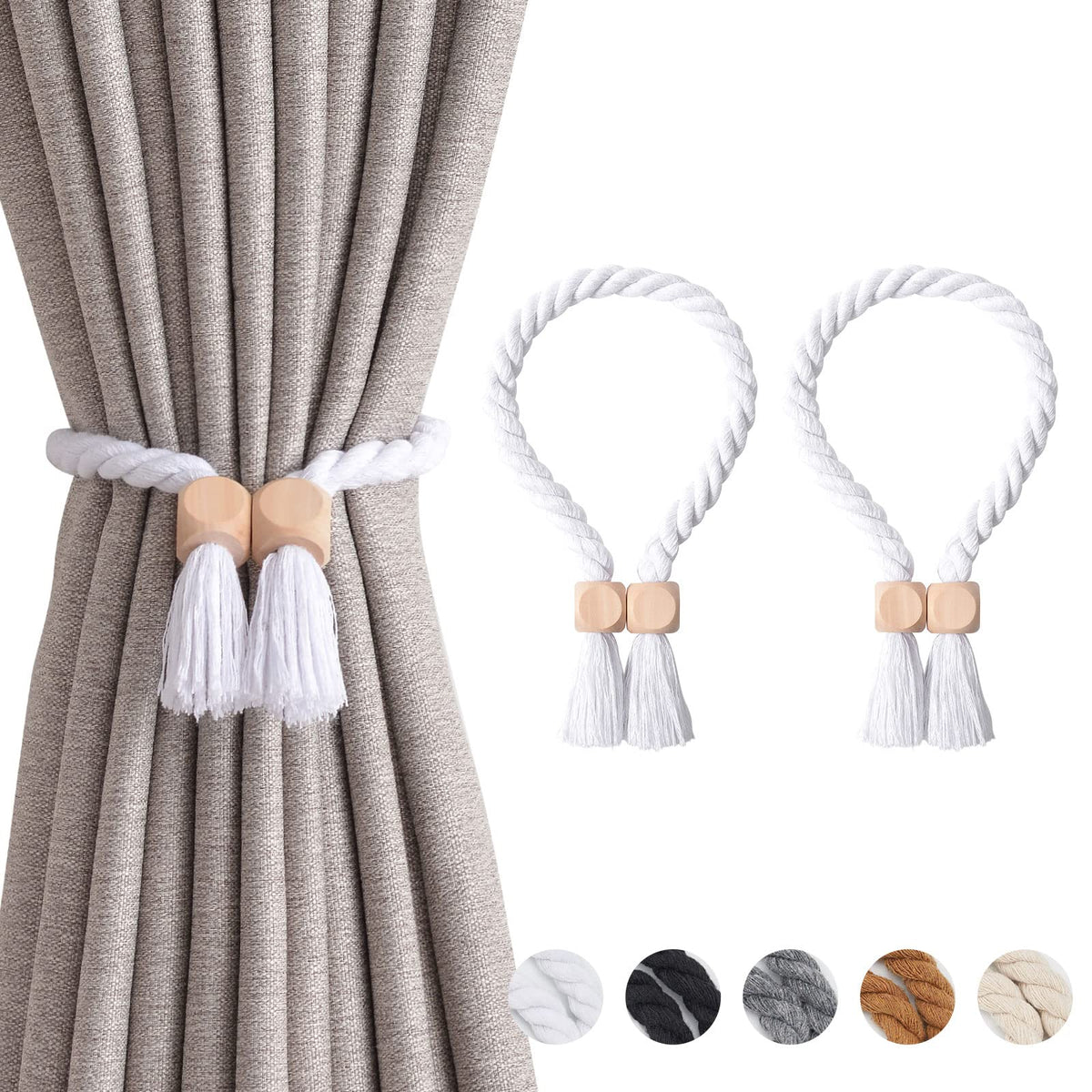 NICEEC 2 Pack Wooden Ball Magnetic Curtain Tiebacks Boho Home Decor Drape Tie Backs Natural Cotton Hand Woven Rope Curtain Holdbacks for Thin & Thick Home & Office Window Draperies (Beige)