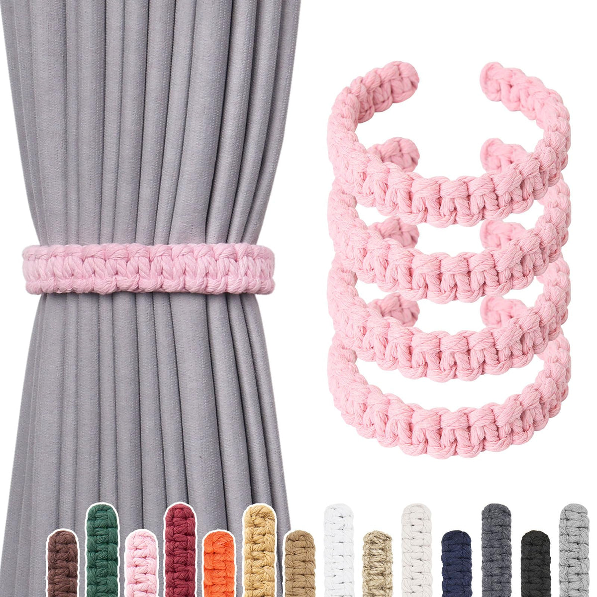 NICEEC 2 Pack Natural Cotton Rope Curtain Tiebacks Farmhouse Rustic Style Decorative Drape Tie Backs Handmade Braided Curtain Holdbacks for Home & Office Sheer/Light Weight Drapery (C-White-S)
