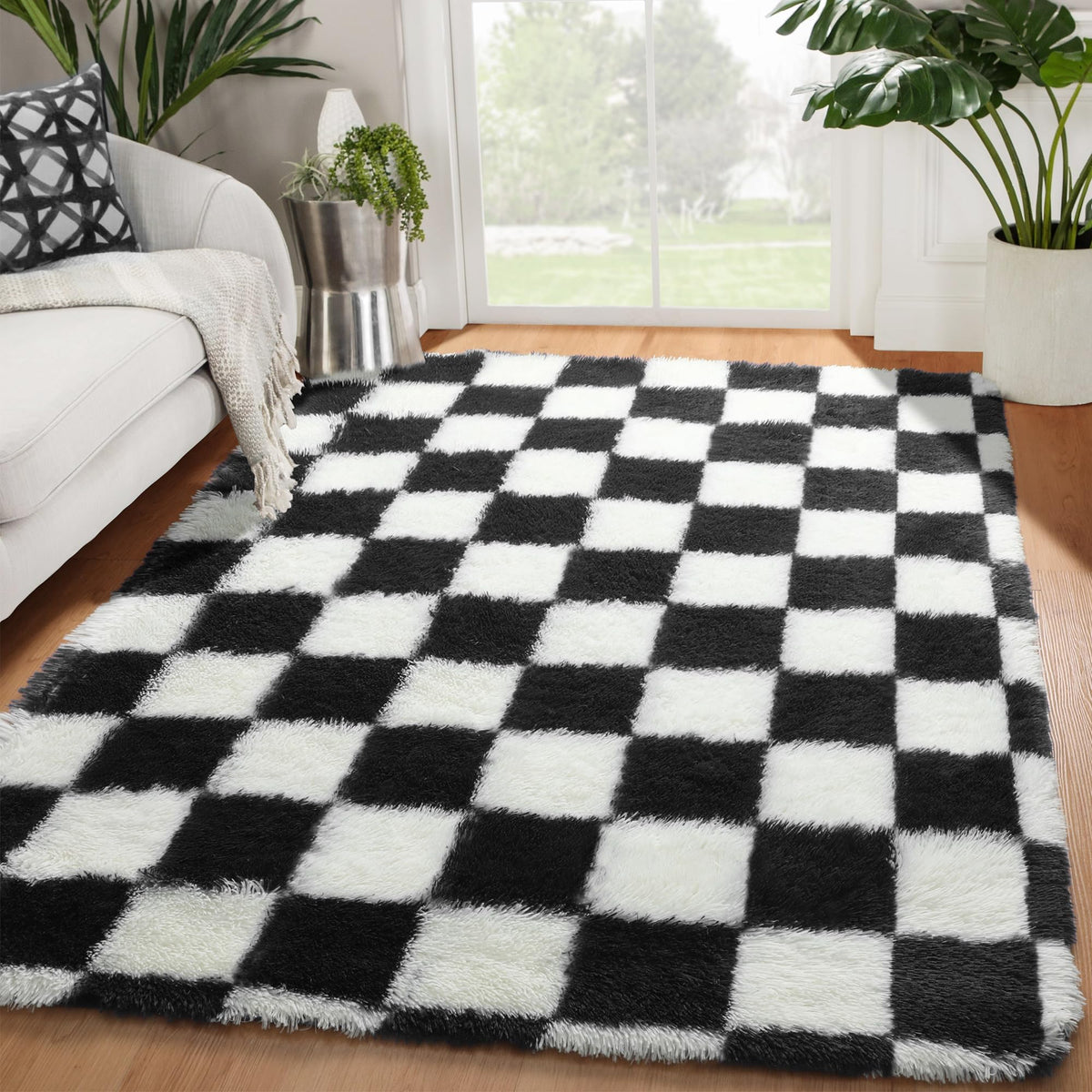 KICMOR Area Rugs 8x10 for Living Room, Large Fluffy Beige and Cream White Checkered Rug Big Fuzzy Shag Shaggy Carpets for Bedroom, Soft Plush Furry Rug for Boy Girls Room Dorm Home Decor Aesthetic