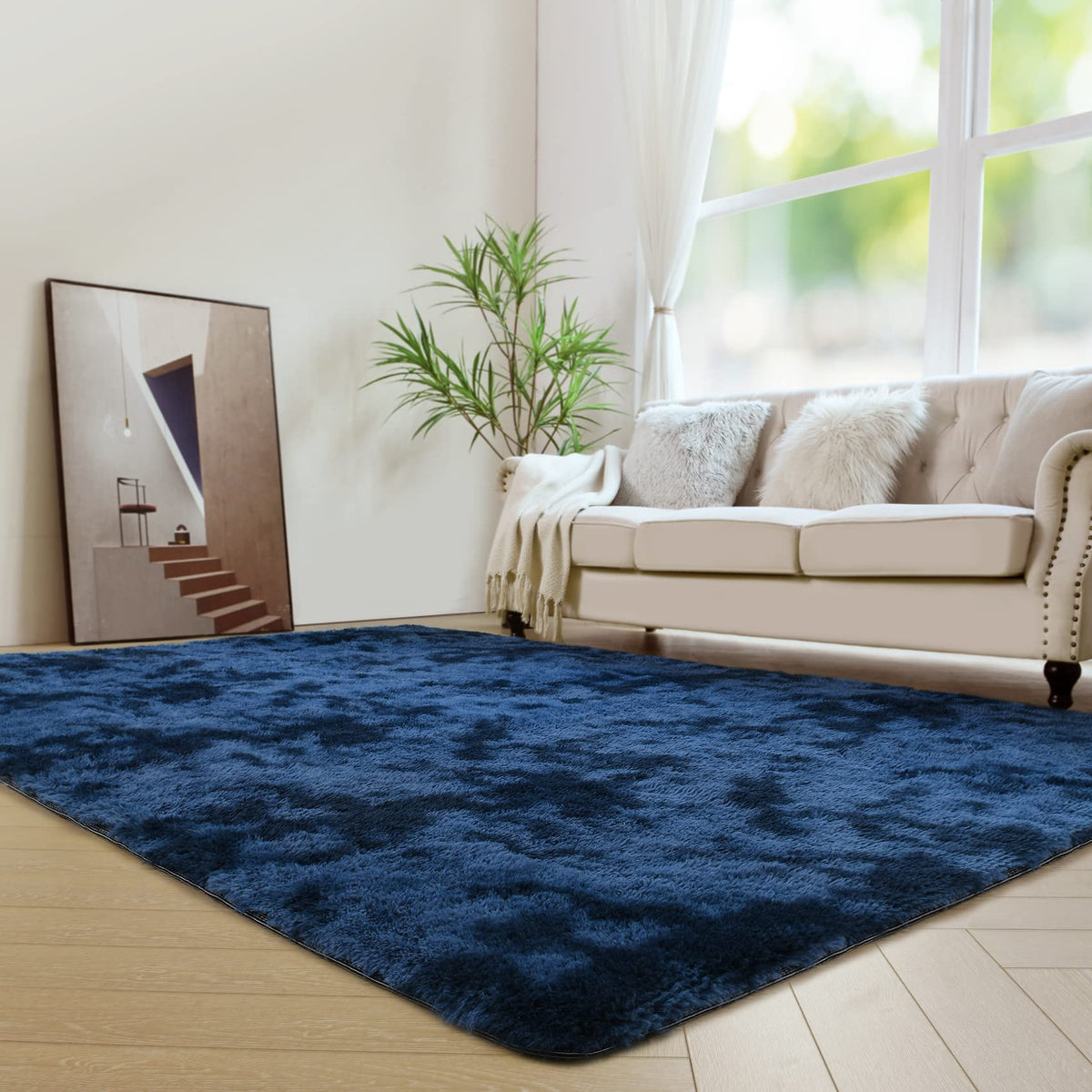 duduta Navy Blue Fluffy Bedroom Rug 3x5 ft, Tie-Dye Shag Plush Area Rug
