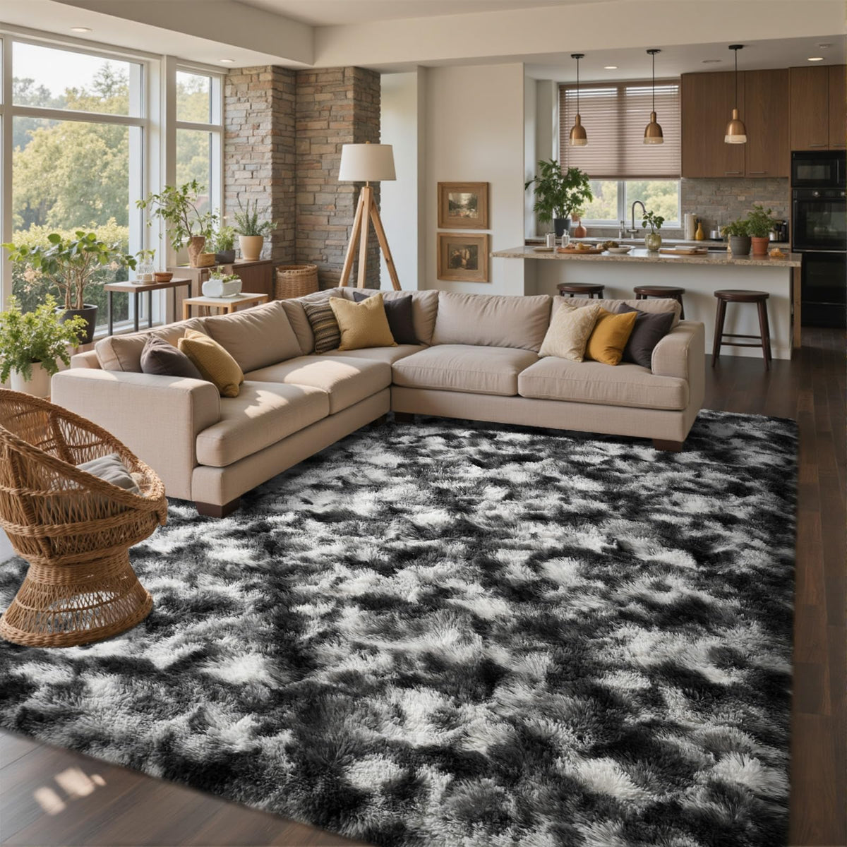8x10 Ft Extra Large Shag Rugs for Living Room, Tie Dyed Ultra Soft Fluffy Furry Area Rugs for Bedroom Indoor Floor, Aesthetic Carpet for Kids Home Decor (Dark Grey)