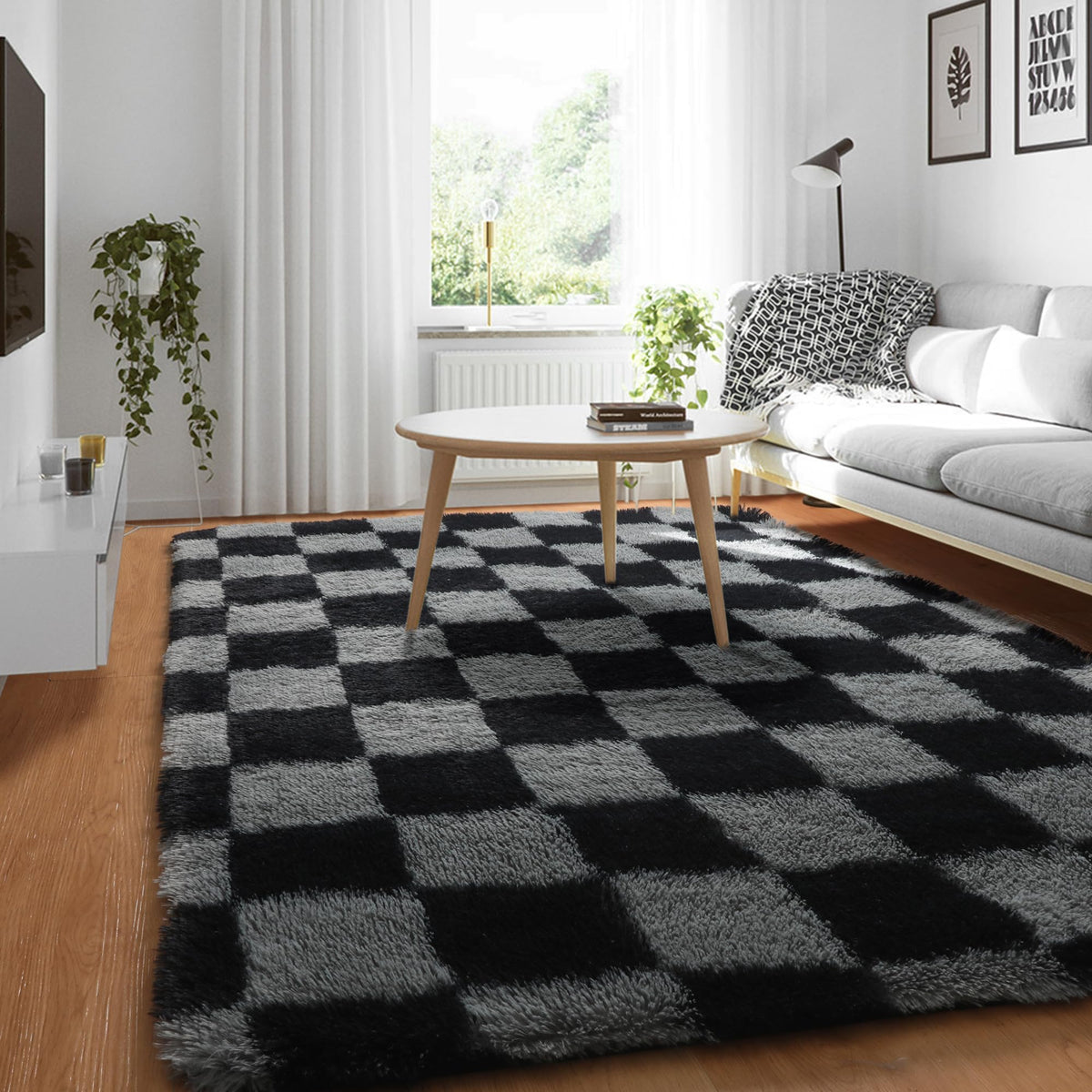 KICMOR Area Rugs 8x10 for Living Room, Large Fluffy Beige and Cream White Checkered Rug Big Fuzzy Shag Shaggy Carpets for Bedroom, Soft Plush Furry Rug for Boy Girls Room Dorm Home Decor Aesthetic