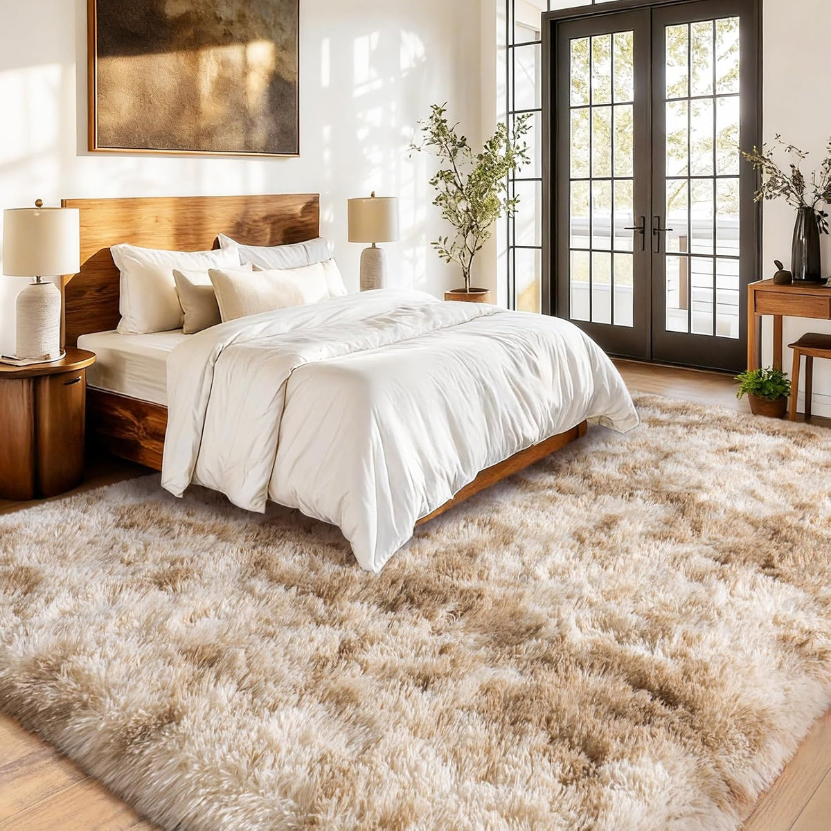Large Living Room Area Rug 9x12Ft Shaggy Carpet Fuzzy Carpet Tie Dye Camel