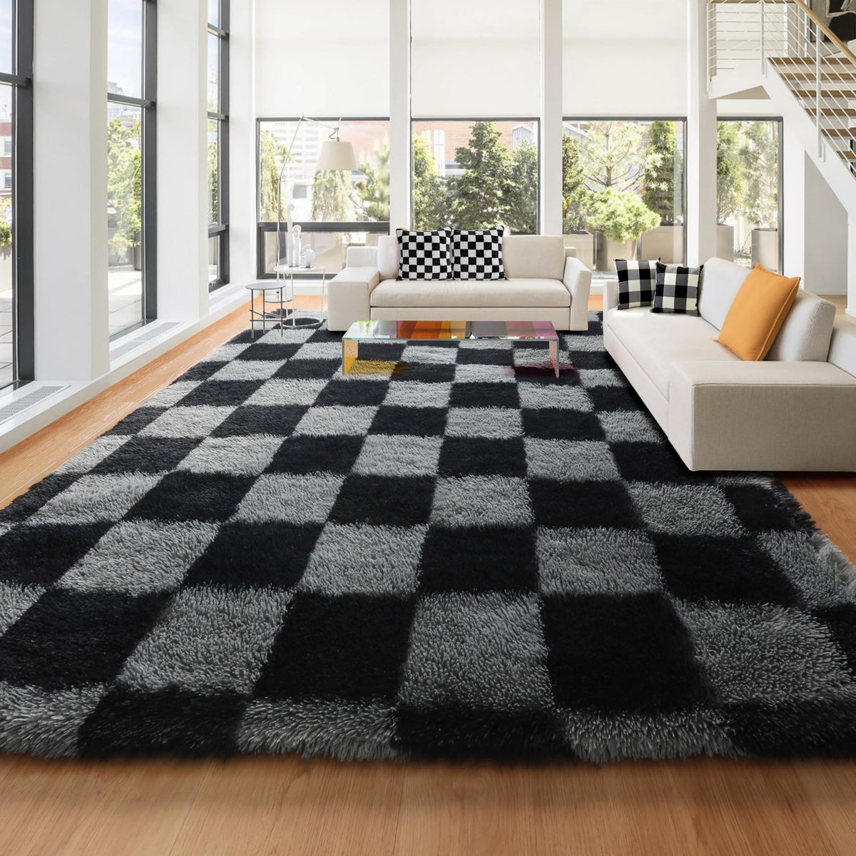 KICMOR Area Rugs 8x10 for Living Room, Large Fluffy Beige and Cream White Checkered Rug Big Fuzzy Shag Shaggy Carpets for Bedroom, Soft Plush Furry Rug for Boy Girls Room Dorm Home Decor Aesthetic