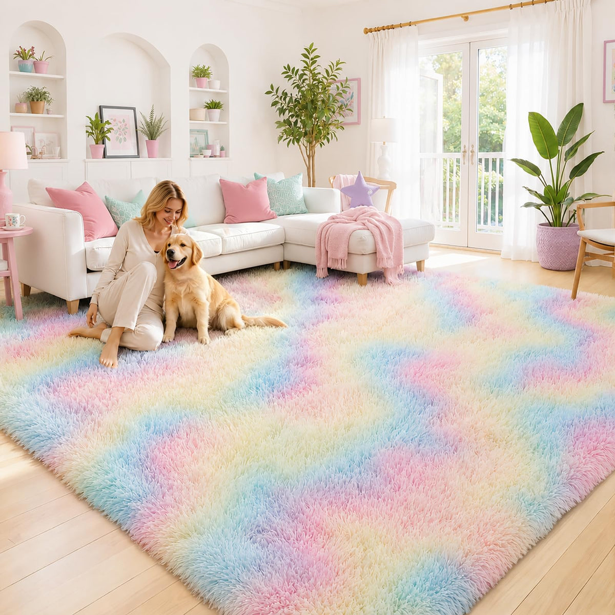 8x10 Area Rugs for Living Room,Cream Large Shaggy Carpet Plush Furry Rug
