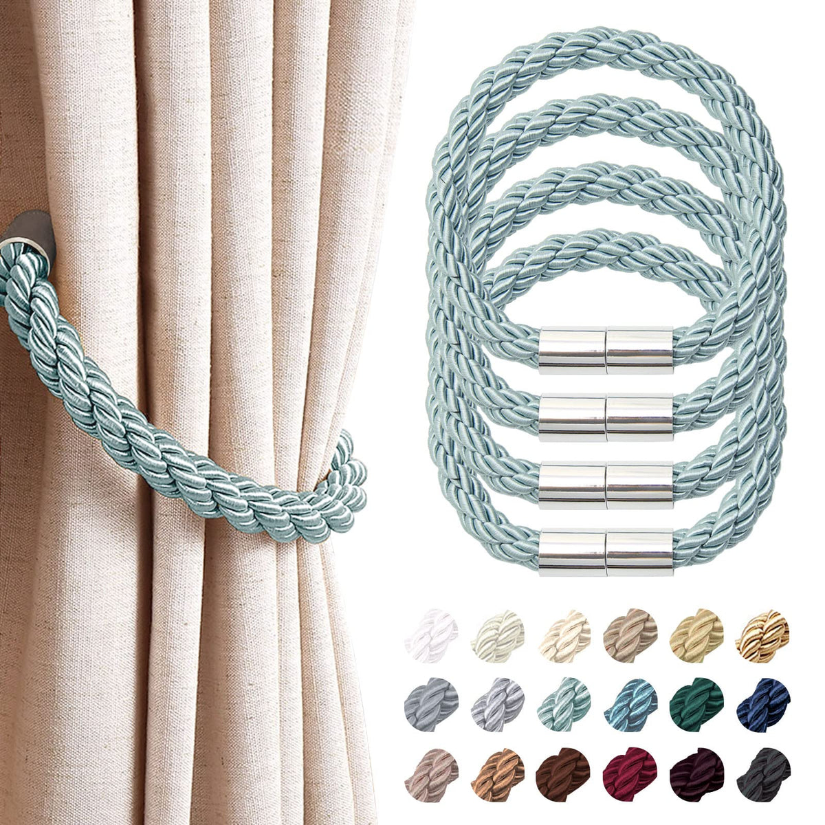 NICEEC 2 Pack Strong Magnetic Curtain Tiebacks Modern Simple Style Drape Tie Backs Convenient Decorative Weave Rope Curtain Holdbacks for Thin or Thick Home & Office Window Draperies (Beige)
