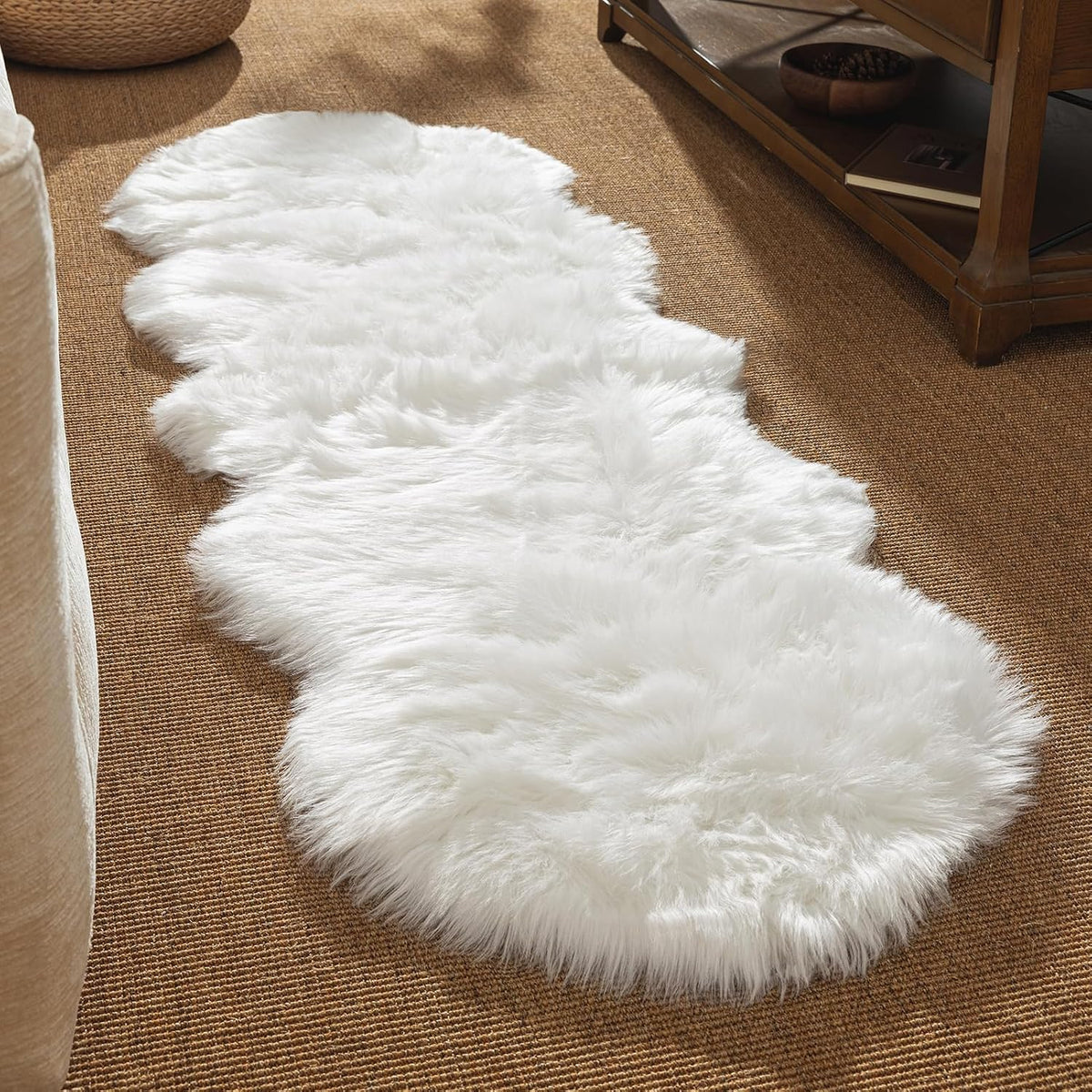 Ashler Faux Fur Rug, White, 2 x 6 Ft, Machine Washable