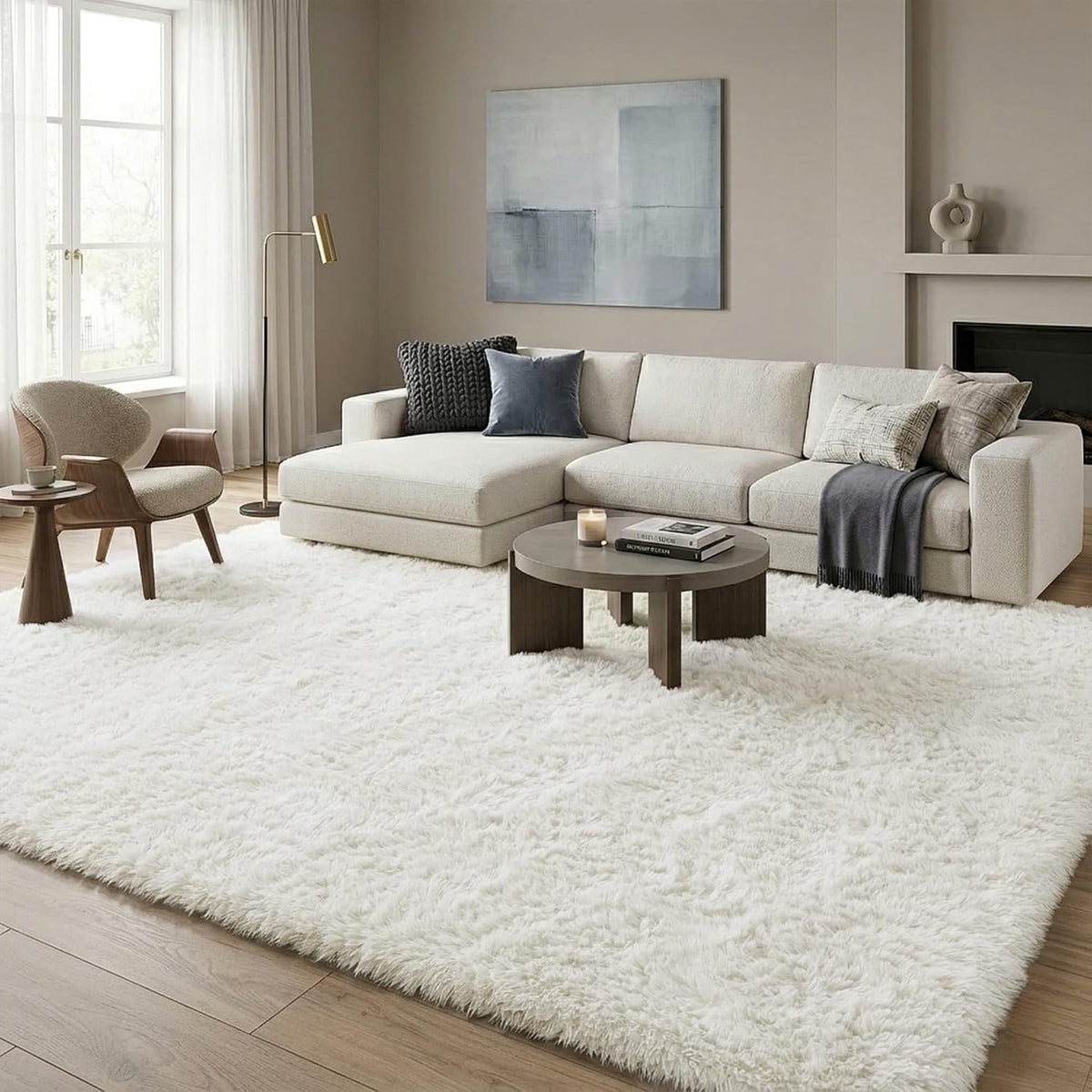 8x10 Ft Cream White Fluffy Area Rug for Living Room, Washable