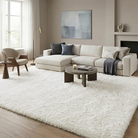 8x10 Ft Cream White Fluffy Area Rug for Living Room, Washable