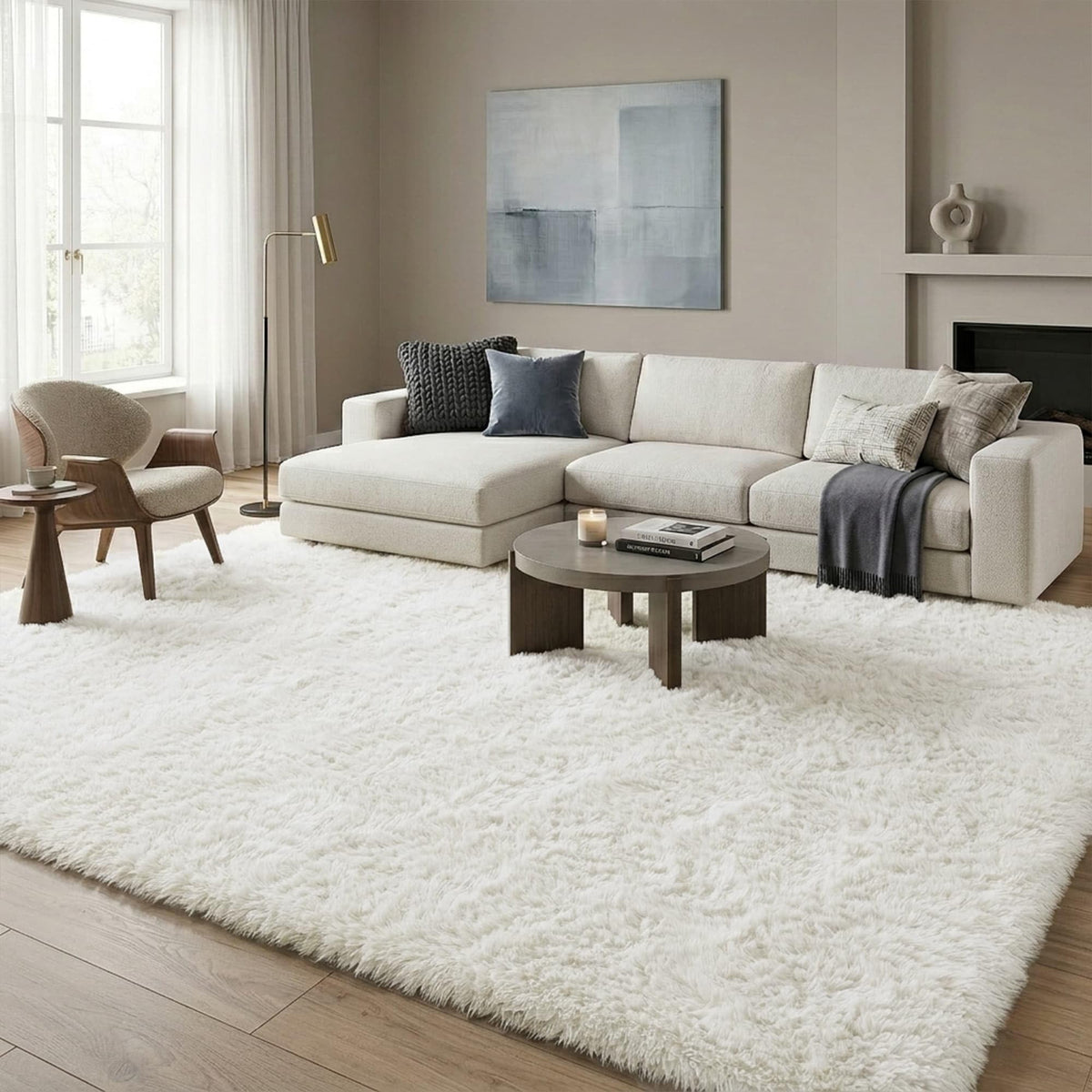 8x10 Ft Cream White Fluffy Area Rug for Living Room, Washable