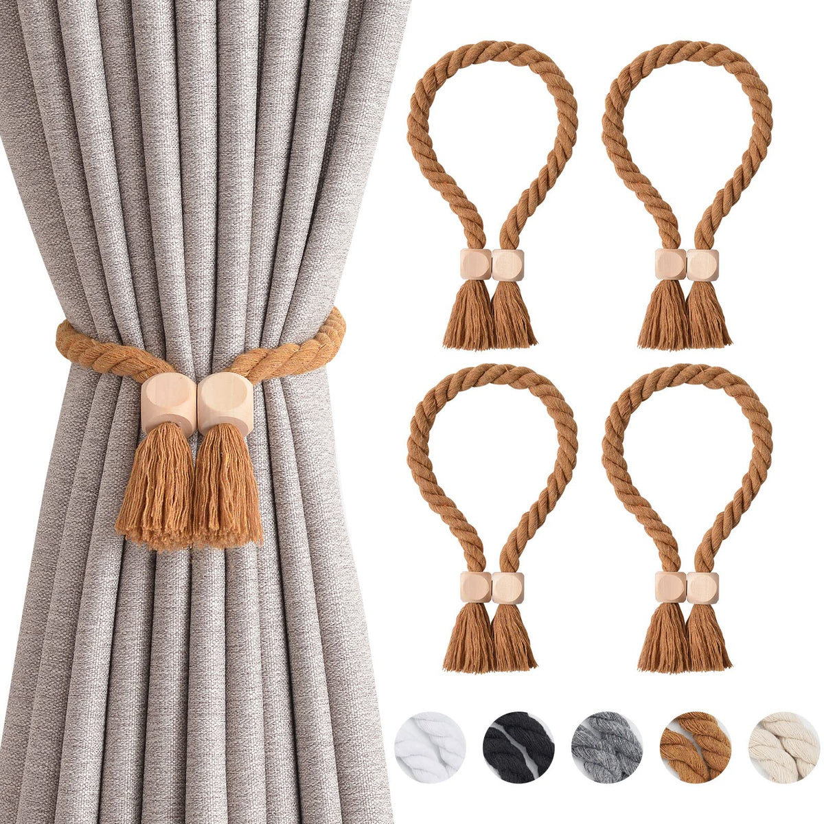 NICEEC 2 Pack Wooden Ball Magnetic Curtain Tiebacks Boho Home Decor Drape Tie Backs Natural Cotton Hand Woven Rope Curtain Holdbacks for Thin & Thick Home & Office Window Draperies (Beige)