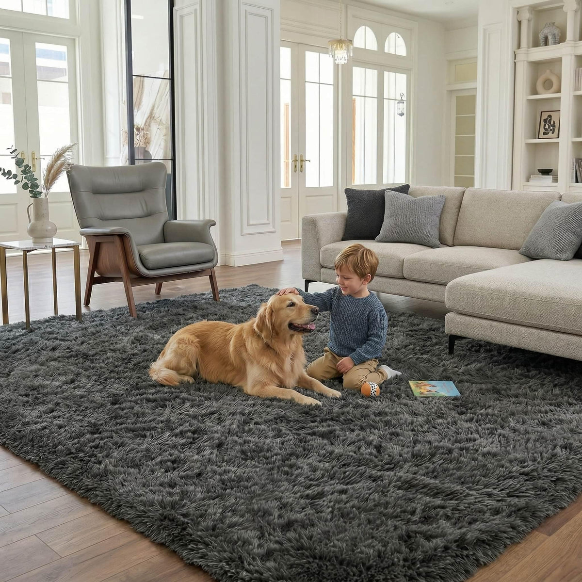 8x10 Ft Cream White Fluffy Area Rug for Living Room, Washable