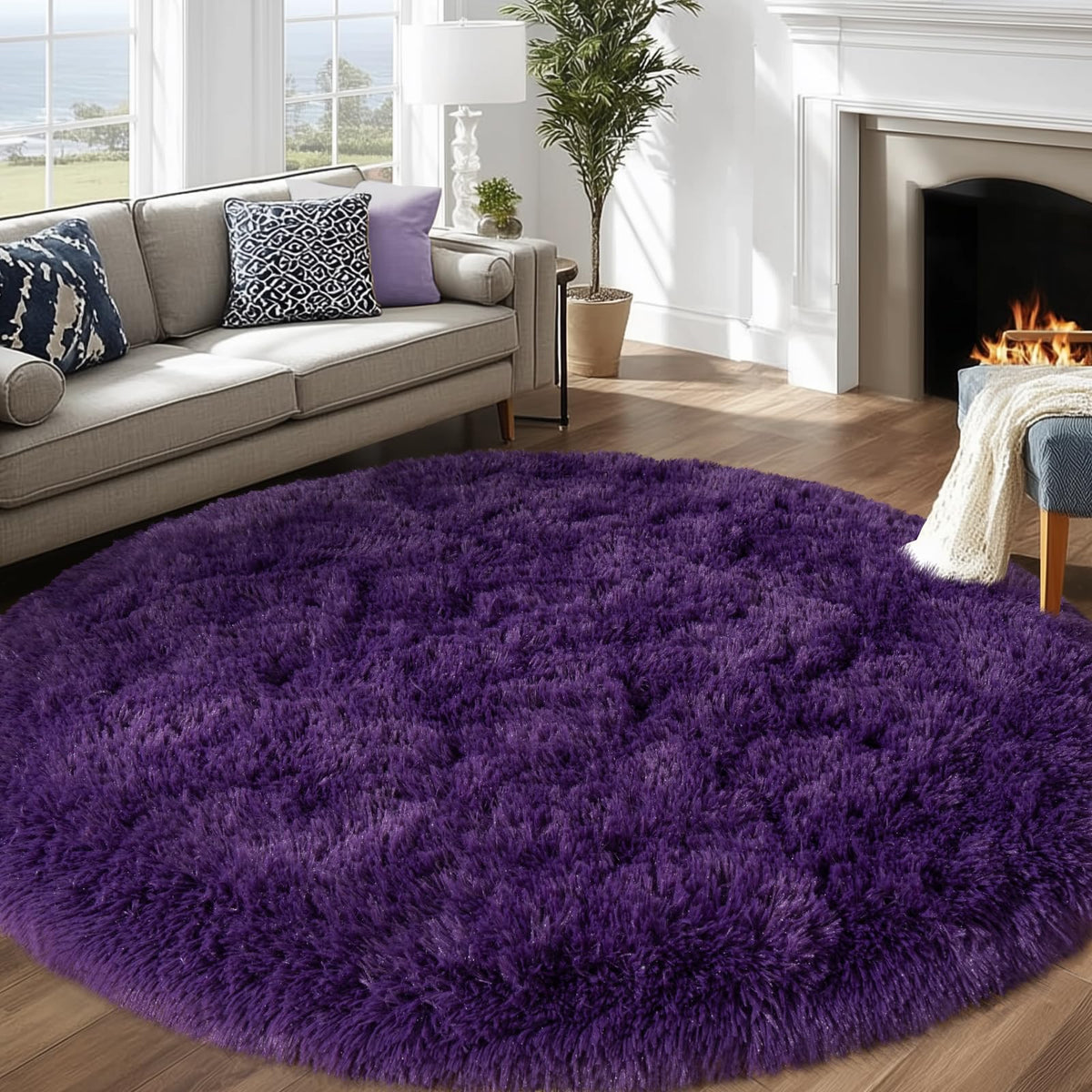 4Ft Fluffy Pink Round Rug for Girls Bedroom Kids Room, Washable Non-Slip