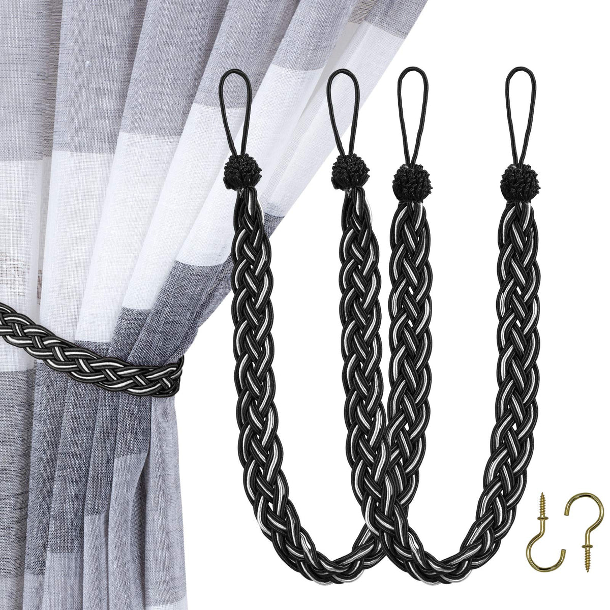 Home Queen Handwoven Rope Curtain Tiebacks for Drapes, 2 Pack Rope Holdbacks with Hooks, 23 Inch Long Polyester and Cotton Braided Tie Backs for Thick and Sheer Curtains,Navy and Silver