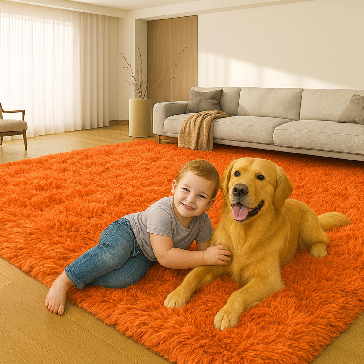 8x10 Beige Fluffy Shag Area Rug, Non-Slip Soft Carpet for Home