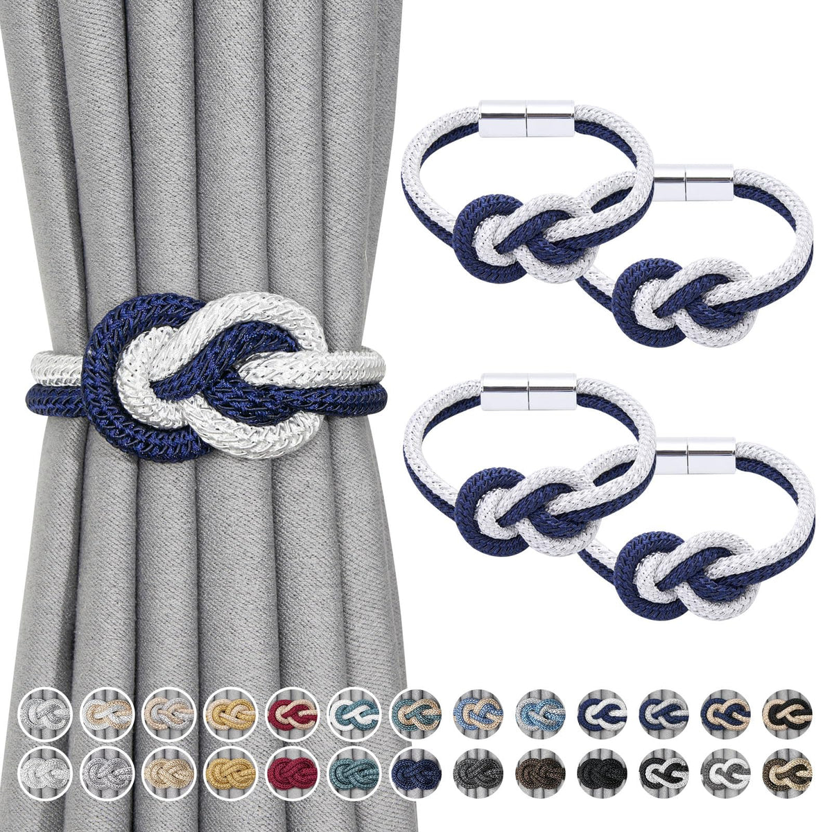 NICEEC 2 Pack Mini Magnetic Curtain Tiebacks Nordic Simple Style Drape Tie Backs Elegant Hand Weave Rope Knot Decorative Curtain Holdbacks for Home & Office Thin Window Drapery (Silver Grey)