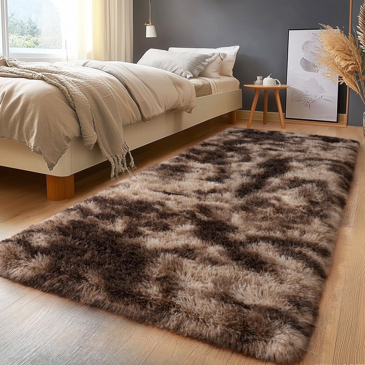 Large Living Room Area Rug 9x12Ft Shaggy Carpet Fuzzy Carpet Tie Dye Camel