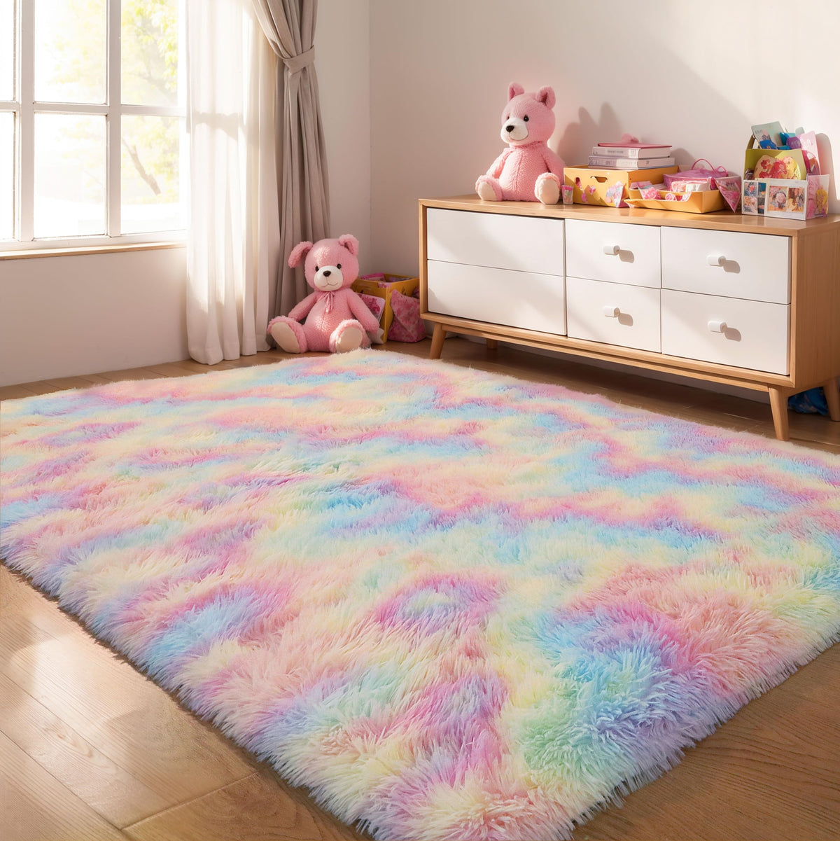 KICHOWUA 4x6 Fluffy Fuzzy Kids Shag Rainbow Rug for Girls Bedroom Playroom
