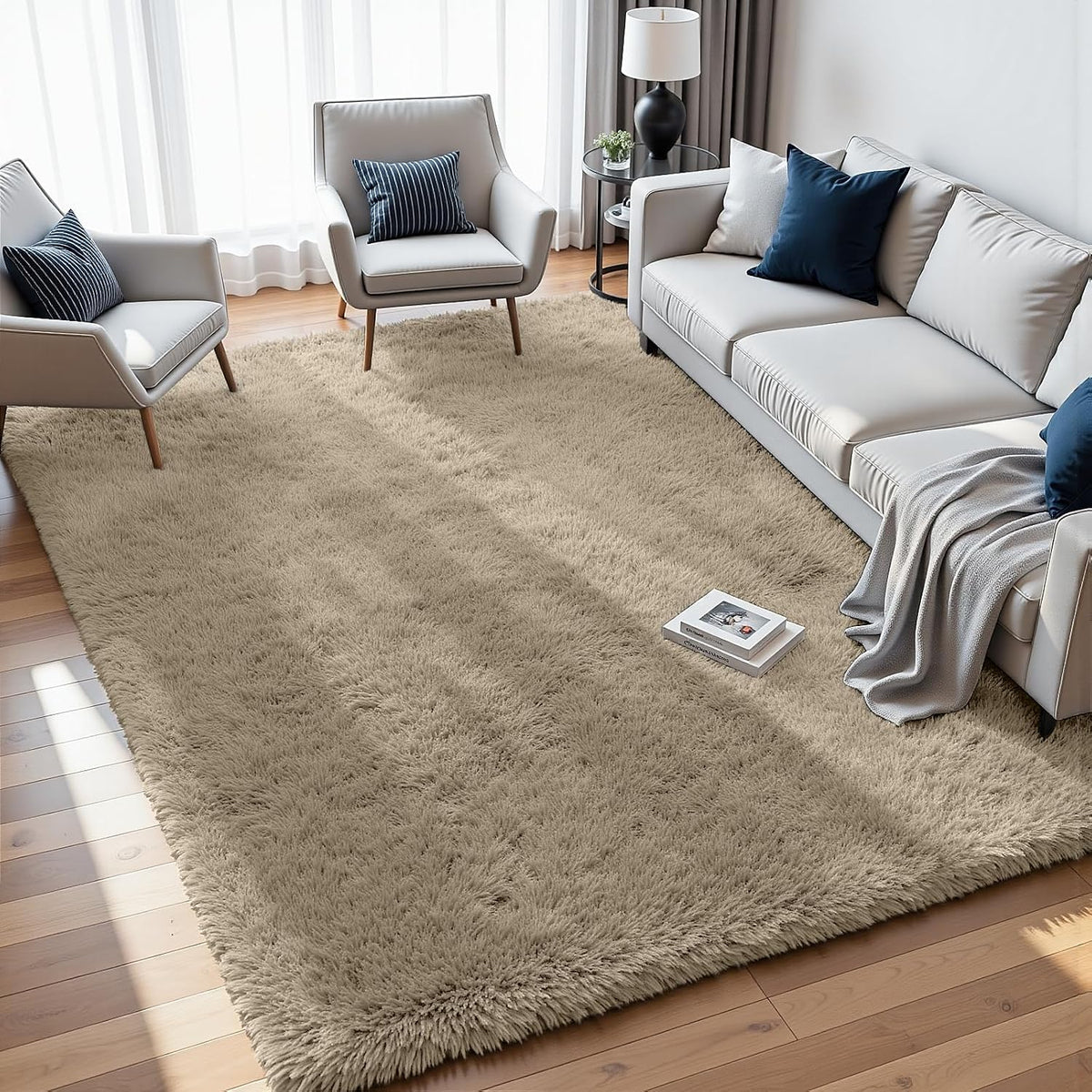 8x10 Fluffy Shag Area Rugs for Living Room Bedroom: Soft Carpet Gray Camel