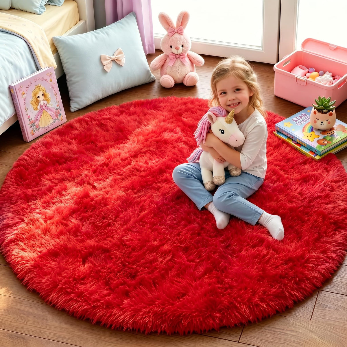Pink Round Rug for Girls Bedroom 4Ft, Fluffy Shaggy Fuzzy Circle Area Rugs